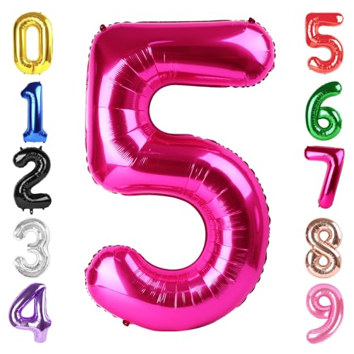 Image of 40 Inch Hot Pink Number 5 Balloon, 5th Birthday Party Decorations | 40 Inch Hot Pink inflatable foil number balloons, large birthday decorations for 5th birthday