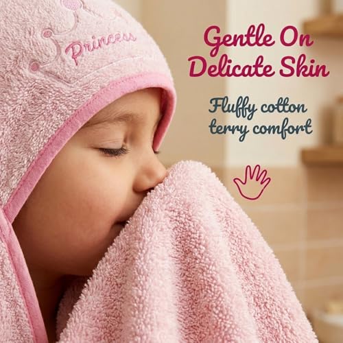 Image of EVERYDAY KIDS Hooded Baby Toddler Bath Towel for Girls - 3D Pink Princess Towel with Crown; Soft and Absorbent Terry Cloth Hooded Towel for Young Kids; Baby Girl Bath Essential