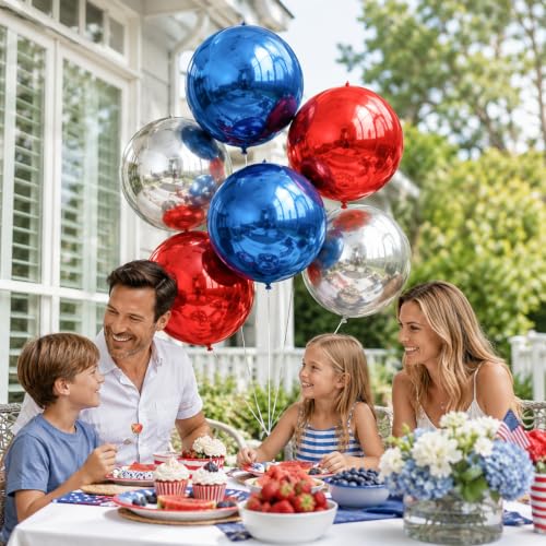 Image of 9 Pcs Red Blue Silver Round Foil Balloons Red Royal Navy Blue Metallic Silver Chrome 4D Ball Mylar Balloons for 4th of July Birthday Anniversary Patriotic American Flag Graduation Party Decor