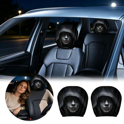 Scary Headrest Covers for Cars, 2 Pack Machine Washable Breathable Universal Haghost Face Headrest Covers,Funny Soft Halloween Seat Protector for Auto Truck Vehicle SUV Interior Accessories (Black 2) - image 6