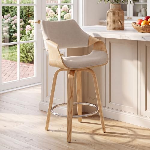 Image of HNY 26 inch Swivel Bar Stool Set of 1, Beige Chenille Counter Height Barstool