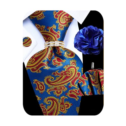 Image of 5PCS Mens Premium Silk Tie, Pocket Square, Cufflinks, Drilled Tie Ring and Lapel Pin Set for Wedding Groom Party