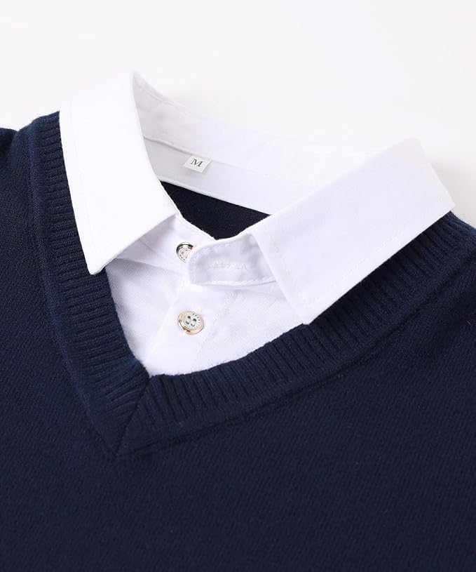 Men's Knit Sweater Fashion Pullover Soft Touch V-Neck Sweatshirt Top with Plaid or White Mock Shirt Collar3