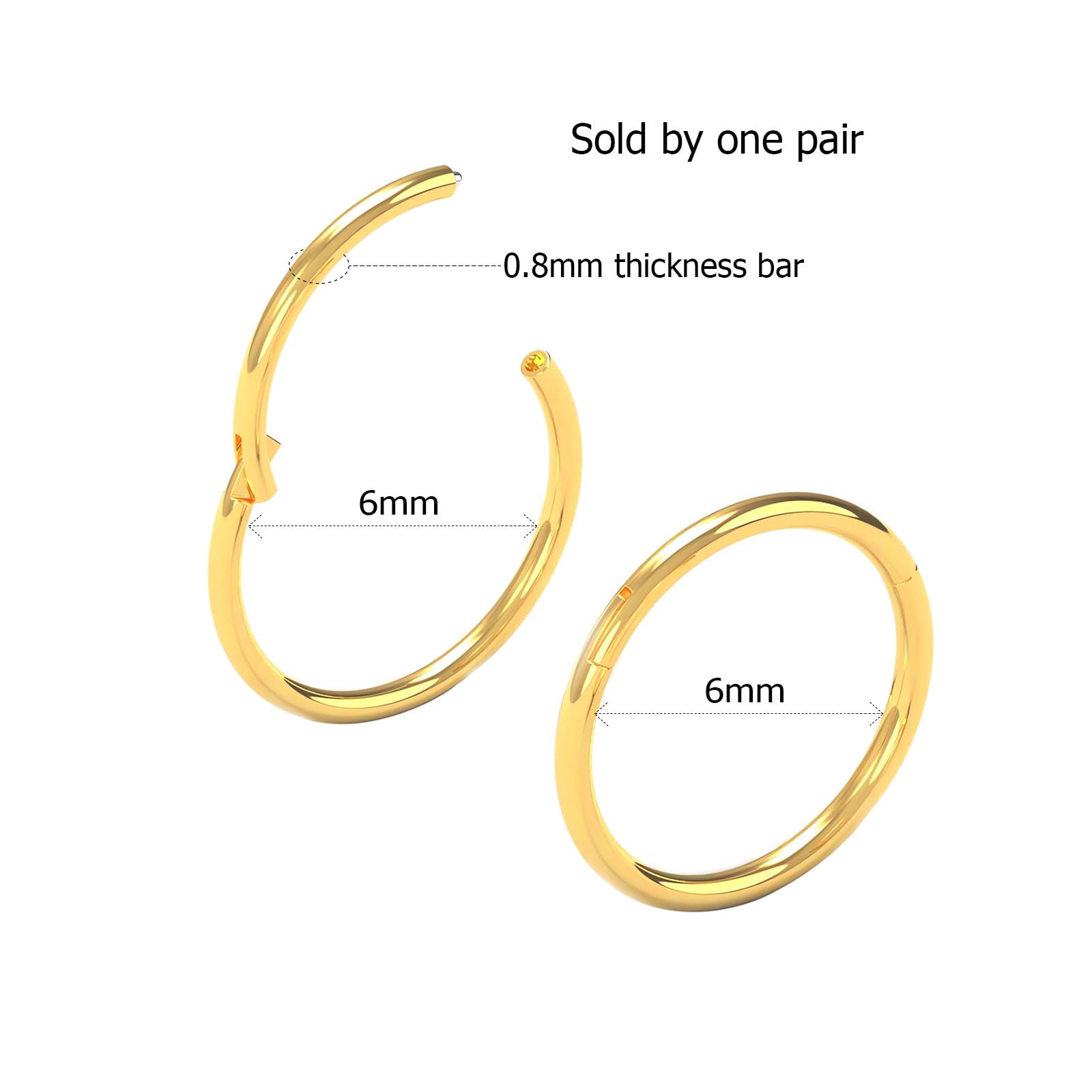 Body CAC 0.8mm/1.0mm/1.2mm/1.6mm/2.0mm/3.0mm/4.0mm/5.0mm/6.0mm Steel Hypoallergenic Clicker Hinged Nose Septum Ring Hoop with Colour Gold-Silver tone-Black-Rose gold — view 2