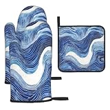 Blue and White Ocean Wave Oven Mitts and Pot Holders Sets of 3, Heat Resistant Non-Slip Washable Coastal Blue White Kitchen Gloves Hot Pads Gift for Baking Cooking Grilling Enthusiasts, Kitchen Decor