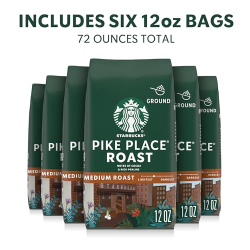 Image of Starbucks Ground Coffee, Medium Roast Hot or Iced Coffee, Pike Place Roast, Six 12 oz Bags | 100% Arabica ground coffee; Medium Roast Pike Place Roast; 6 bags, 12 oz each (72 oz total)