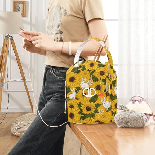 Image of ElliTarr Crochet Bag Yarn Bag with Handle Portable Knitting Project Bag Travel Yarn Storage Organizer Holder Case Autumn Sunflower and Cute Rabbit