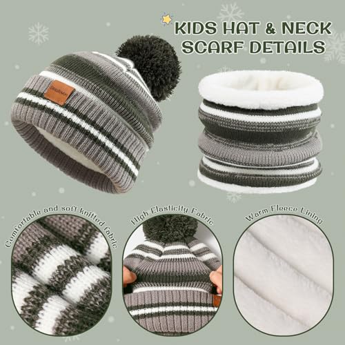Image of Kids Winter Hat Gloves Scarf Set: Girls Boys Beanie Fleece Lined Ages 6-10
