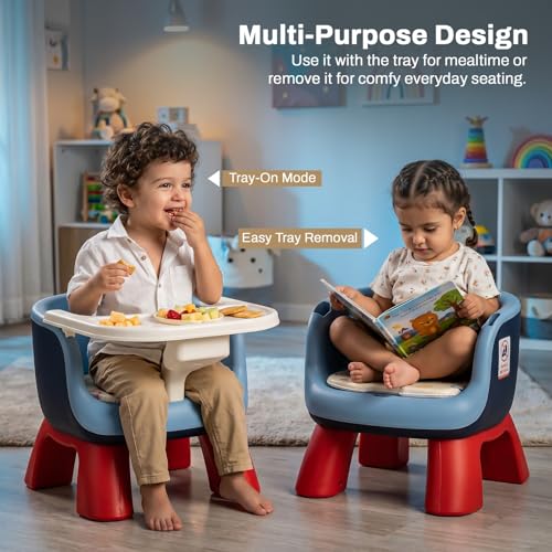 Image of Baybee Booster Chair for Baby with Detachable Food Tray, Anti-Slip Wide Legs & Soft Cushion Seat with Music | Portable Feeding Chairs for Kids Home & Travel - 0 to 3 Years (Blue)