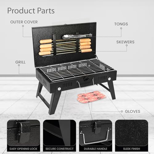 Image of Pivalo Charcoal Barbeque Grill Set | Tandoori BBQ for Home & Outdoor Use | 4-Piece Combo | 8 Skewers | 1 Glove | 1 Tong | Foldable Standing BBQ for Camping, Picnic & Travel Cooking (Pack of 1, Black)