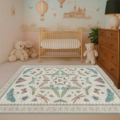 Light Blue and Pink Rug 4x6 Rugs for Bedroom Under Bed - Insect Print Multi Color Decor, Low Pile Non Slip Stain Resistant Throw Rug for Nursery Room