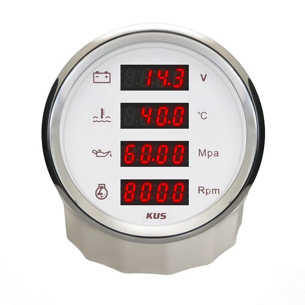 KUS Universal 85 mm digitales 4-in-1-Multifunktionsmessgerät Voltmeter Wassertemperatur Öldruck Drehzahlmesser für Boot Auto Motorrad
