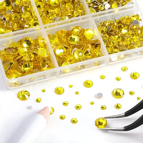 Image of Beadsland 8300PCS Flatback Rhinestones, Yellow Rhinestone Nail Gems Round Crystal Rhinestones for Crafts, Mixed 10 Sizes with Wax Pencil and Tweezer Kit, SS3-SS30, Citrine /Lemon Yellow