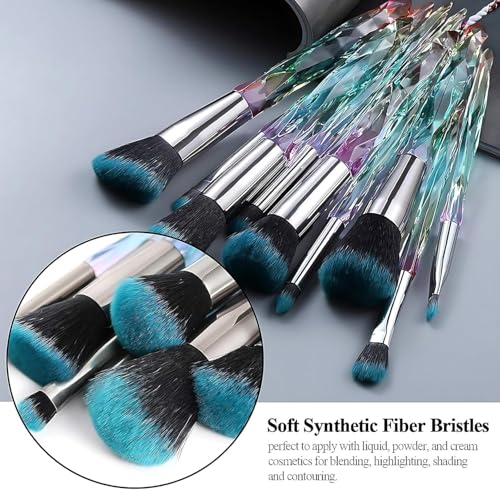 Image of Crystal Makeup Brush Set - 10 Piece Premium Synthetic Brushes with Iridescent Handles & Teal Bristles for Foundation, Blush, Eyeshadow, and Highlight - Professional Cosmetic Brushes Kit for Women & Girls