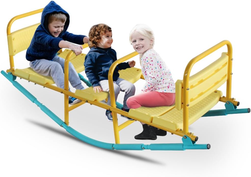 Sturdy Outdoor Seesaw for Kids – Triple Seat Balanced Rocking Play Equipment with Safety Handles and Comfortable Backrests