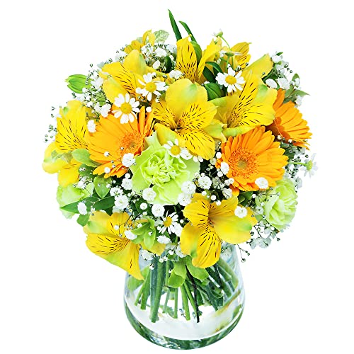 【4月の誕生花（アルストロメリア）】イエローアルストロメリアのグラスブーケ（花瓶付き） ya04az-512469 花キューピット お祝い 記念日 お礼 誕生日 プレゼント