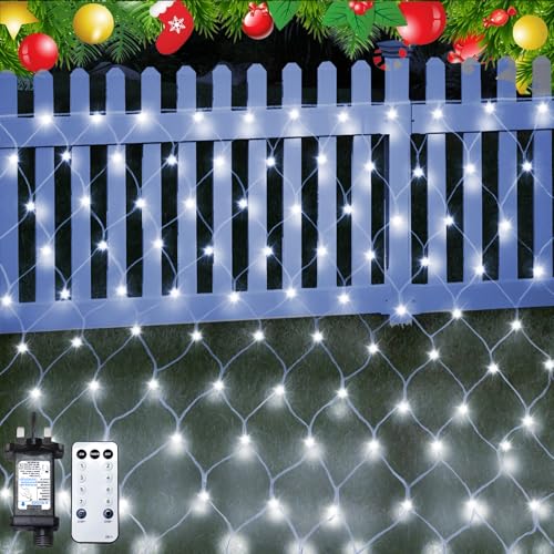 Dankeled Christmas Net Lights Outdoor, 198 LED 3x2M Mesh Fairy Lights Plug in, Timer, 8 Modes, Waterproof String Lights for Indoor Curtain Window Garden Xmas Tree Christmas Decorations (White)