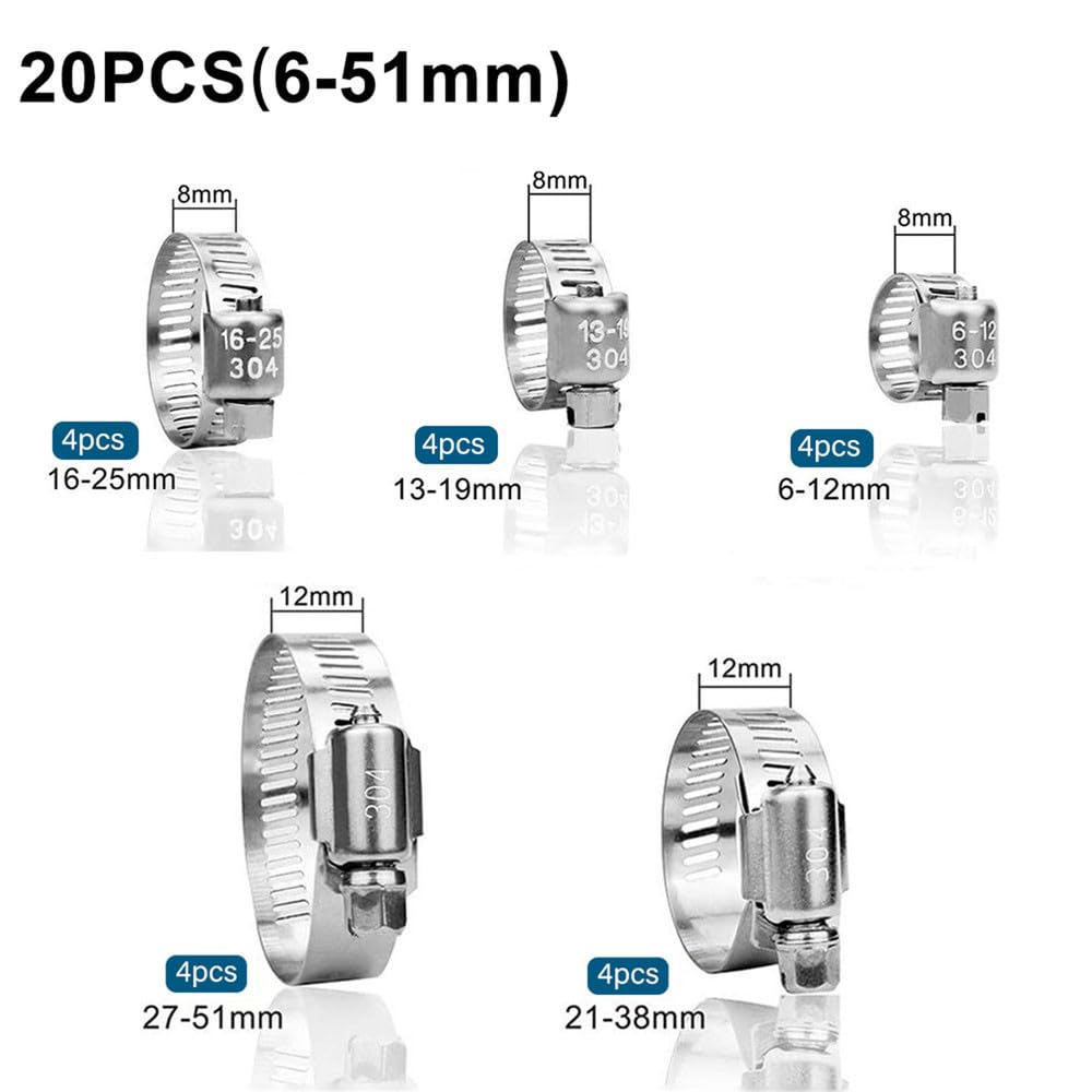 Schlauchschelle, verstellbar, 6–70 mm, Rohrclip, festes Werkzeug, Edelstahl 304, für Kraftstoffleitungen, Autos, mechanische Anwendungen, Garteninstallationen, 20 Stück (19,29 mm)
