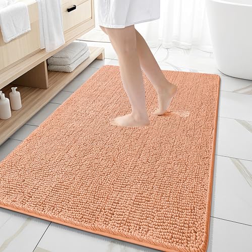 Image of OLANLY Large Bathroom Rugs 59x35, Extra Soft Absorbent Chenille Bath Rugs, Rubber Backing Quick Dry, Machine Washable Bath Mats for Bathroom Floor, Tub and Shower, Home Decor Accessories, Peach