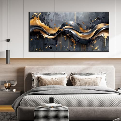 Image of AOZEMI Elegant Black and Gold Wall Art Abstract Art for Office Decor | Stylish Large Artwork Comes With a Black Frame and Is Ready to Hang for Living Room Bedroom 59 inchL x 29 inchW