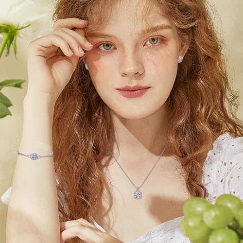 Hadskiss Silver Cubic Zirconia Earrings and Pendant Necklace Link Bracelet Set for Women 14K White Gold Plated Square Wedding Jewelry Sets for Bride Bridesmaid4