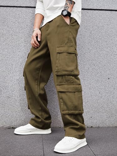 Image of Men's 8 Pocket Cargo Pants | Premium Cotton Twill Baggy Fit Trousers | Stretchable Casual Streetwear Cargos | Mid Rise