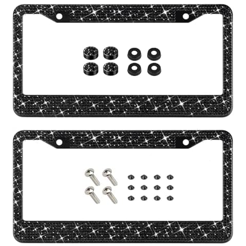 EWBN Bling License Plate Frame for Women, 2 Pack Premium Stainless Steel Diamond License Plate Holder,Sparkly Car Accessories Rhinestone License Plate Cover with Glitter Crystal Caps（Black） Cover