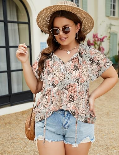 Halife Women's Plus Size Boho Tops Floral Printed V Neck Casual Summer Blouses Shirts2