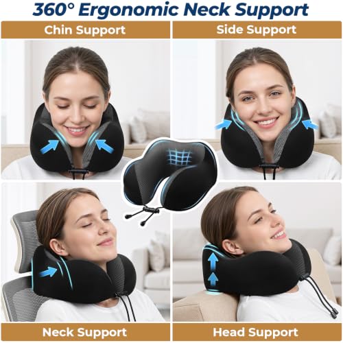 Image of ExploreBliss Travel Pillow, Memory Foam Neck Pillow Airplane, Black | Travel Pillows for Airplanes, Neck Pillow Airplane, Memory Foam Neck Pillow Set with Eye Mask, Earplugs