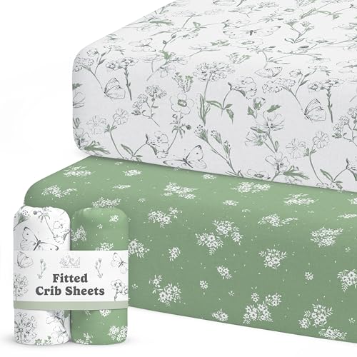 Crib Sheets Neutral - Fitted Baby Crib Sheets Bed for Girl Boy - 2 Pack Standard & Toddler Mattress (Butterfly Garden) - Buttery Soft Organic Cotton...