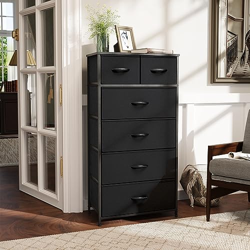 Black Tall Skinny Fabric Dresser with 6 Drawers