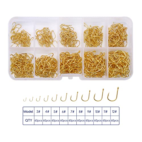 600 Angelhaken Set in 10 Größen (#3 - #12), Angelzubehör Set mit Öse und Kunststoffbox für Angler, Korrosionsbeständiger…