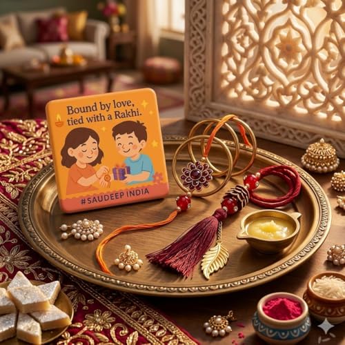 Image of SAUDEEP INDIA Decorative Fridge Magnet for Refrigerator Decor | Free Lumba Rakhi Set for Bhaiya Bhabhi | Raksha Bandhan Gift Combo | Cotton Thread Couple Rakhi Festive Gift Home Decor(Red Feather)