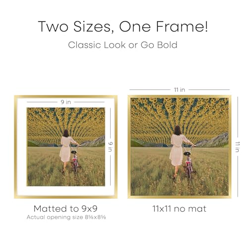 Image of Homeforia 11x11 Picture Frame Gold, High End Metal 11 by 11 Square Frames with Mat 9 x 9 Photo, 11by11 Thin Poster Frame Matted to 9x9 inch Art, Wall Hanging Frames, Tempered Glass, Wall Kit, Set of 1