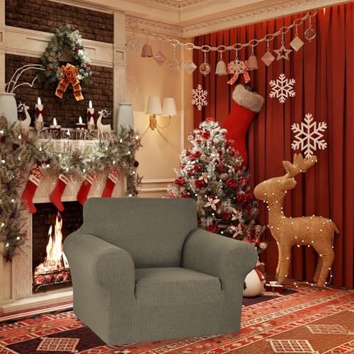KEKUOU Stretch Single Sofa Slipcover 1 Piece Couch Sofa Cover (31"-55") Furniture Protector 1 Seater Sofa with Elastic Bottom for Kids,Pet.Jacquard Small Checked Pattern Fabric(Small,Khaki)
