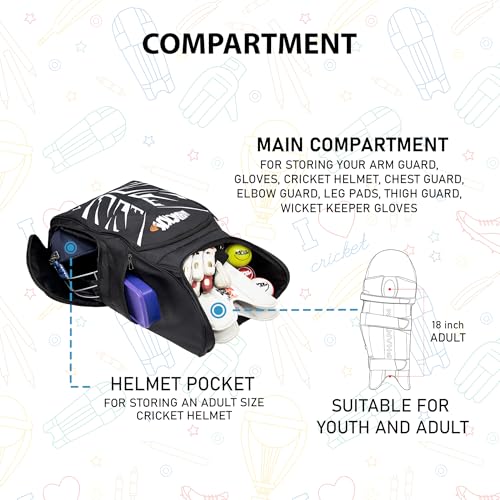 Image of WHACKK Blair 70L Cricket Bag Black|Full Size Kit Bag with Spacious Storage|Bat Pocket, Shoe & Helmet Compartment|Bottle Holder|Utility Pockets|Padded Back & Hip Belt