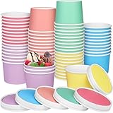 Aodaer 60 Pack Paper Ice Cream Cups with Lids 8 Ounces Paper Treat Bowls Ice Cream Containers Disposable Dessert Bowls for Hot and Cold Party Supplies Treat Dessert Cups for Sundae Frozen Yogurt