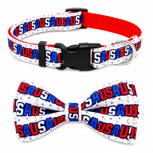 4th of July Dog Collar with Bow Tie Adjustable Patriotic Puppy Collar Red White Blue Independence Day Pet Collar for Small Medium Dog