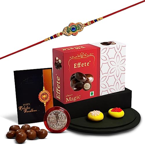 Image of DeoDap Rakhi Combo Gift Set for Brother - 5-Piece Set Including 32gm Chocolate, Tilak Set, Pooja Coin and Greeting Card