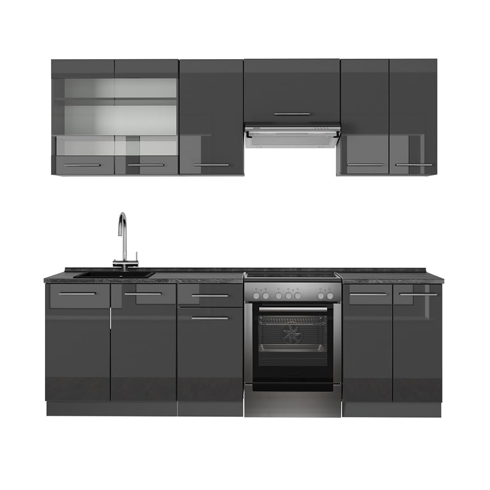 Vicco Zabudowa kuchenna "Fame-Line", Antracyt wysoki połysk, 240 cm | BP Antracyt, adapté à une extension individuelle avec des modules supplémentaires