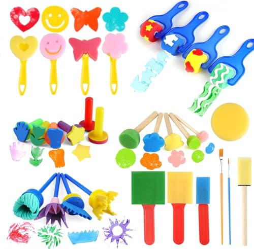 Jortmrd 30 Pièces Kit Peinture Enfant, Pinceaux Peinture Enfant Eponge, Set Créatif DIY avec Stamps Cartoon, Rouleaux & Formes Variées, | EVA Outils Éducatifs de Peinture Sécurisés (2-8 Ans)