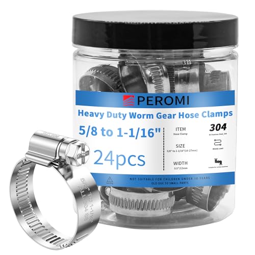 PEROMI 24PCS Heavy Duty Hose Clamps Stainless Steel 304,5/8" Hose Clamp to 1-1/16" Hose Clamp (16-27mm) Adjustable Worm Gear Drive Small Radiator Hose Clamps,Pipe Clamp for Automotive and Industry