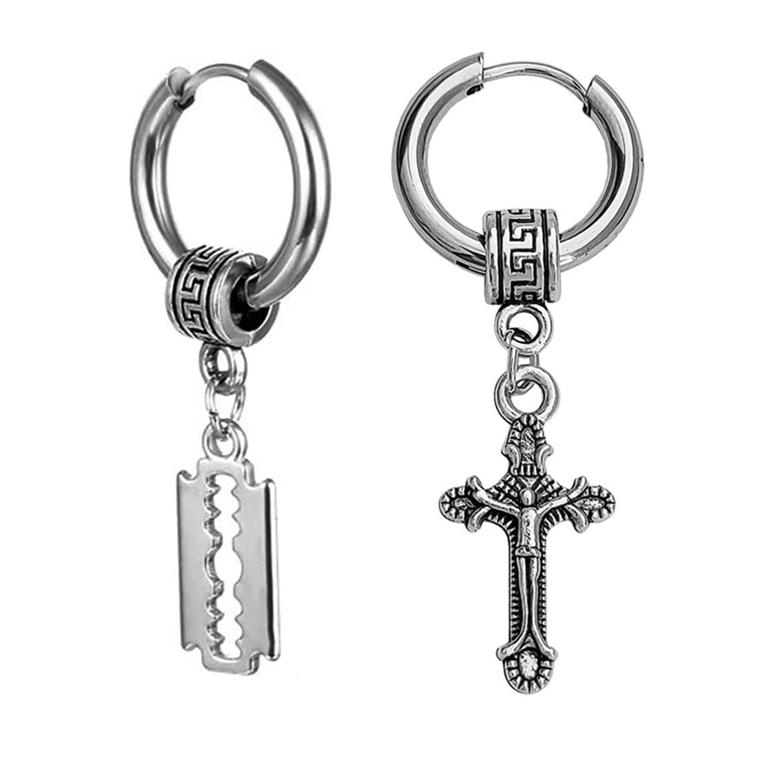 Men Razor Blade Dangle Huggie With Christ Jesus Cross Huggie Punk Titanium Steel Piercing Jewelry Silver Stainless Steel Hoop Earrings For Men And Women-image-21