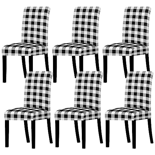 Whaline Buffalo Check Chair Covers White Black Plaid Dining Chair Slipcovers Protector Removable Stretch Elastic Seat Covers for Christmas Party Kitchen Home Hotel Office Restaurant Decoration, 6Pcs