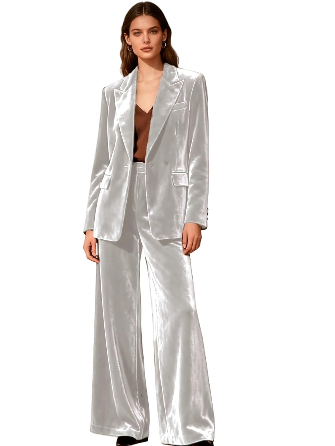 Womens Velvet Blazer with Wide Pants Set 2 Piece Outfits Suits Wedding Business Pants Sets Party