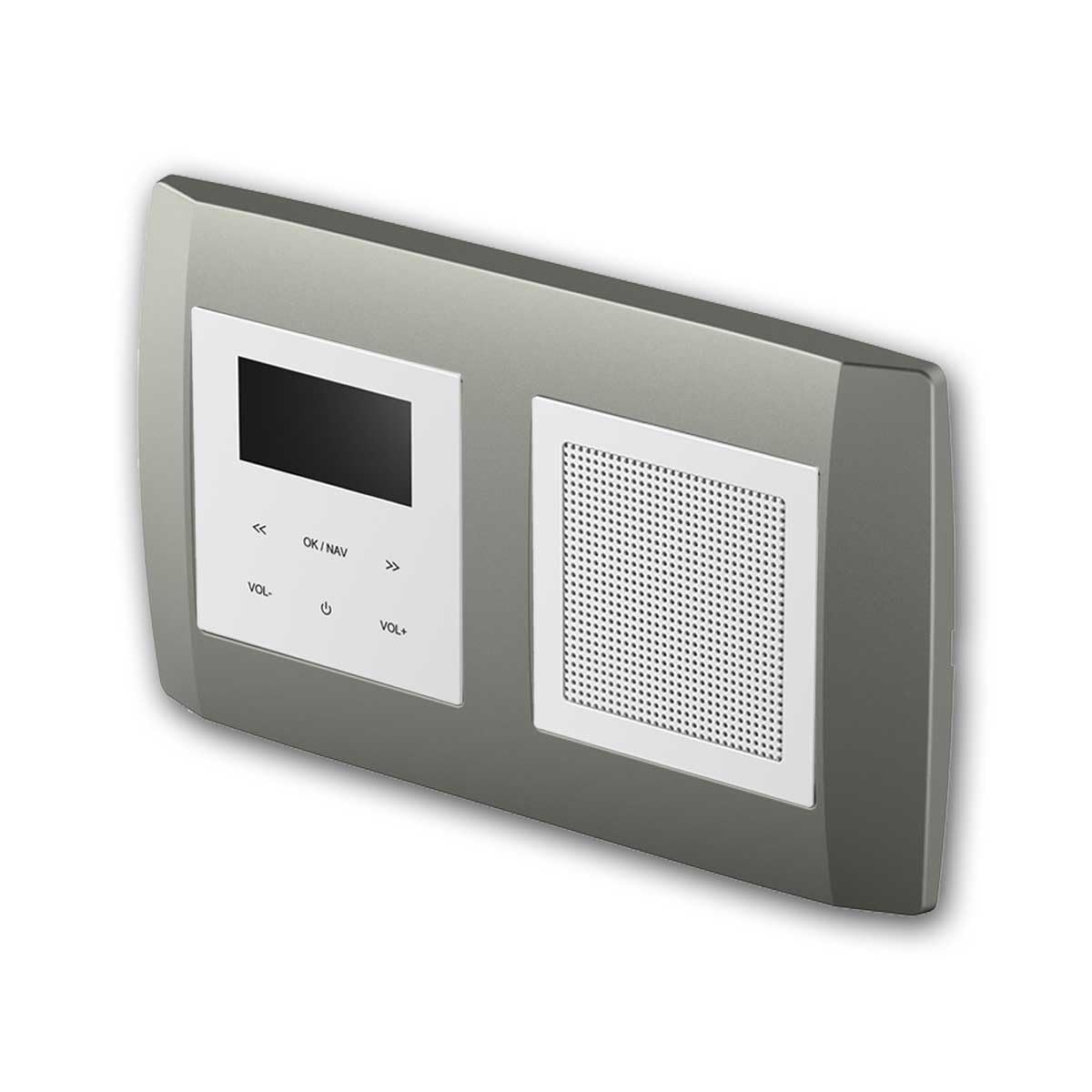 Radio encastrée LOGIQ avec Haut-Parleur 2W RMS, Dab+, FM et Bluetooth, écran OLED, Alarme et Sleep Timer, livrée avec Cadre 2 Voies Bold, Titane