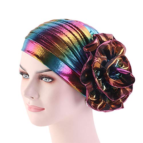 Cccho Glitter Laser Flower Turban Colourful Beanie Cap Stretchy Hair Wrap For Women (D Gold) #TOP4