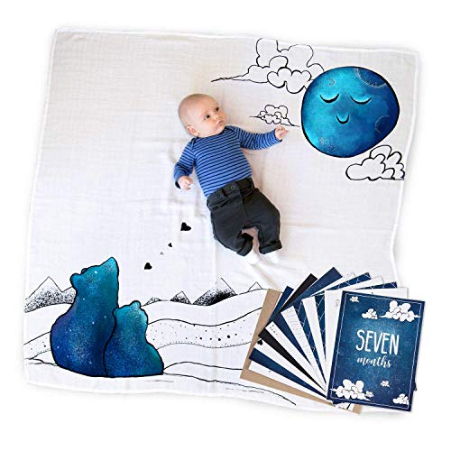 Image of JumpOff Jo - Baby Bundle: Baby Swaddle Blanket & 24 Milestone Cards - Photoshoot Props, Soft Breathable Baby Blanket, 47 inch x 47 inch - Mama Bear Blue