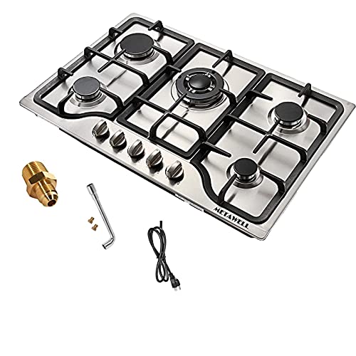 30 Inch Gas Cooktop, 5 Burners Gas Stove, Gas Hob Stovetop 304 Stainless Steel Cooktop Cast Iron Grates Built-in Gas Stove Top LPG/NG Gas Cooktop