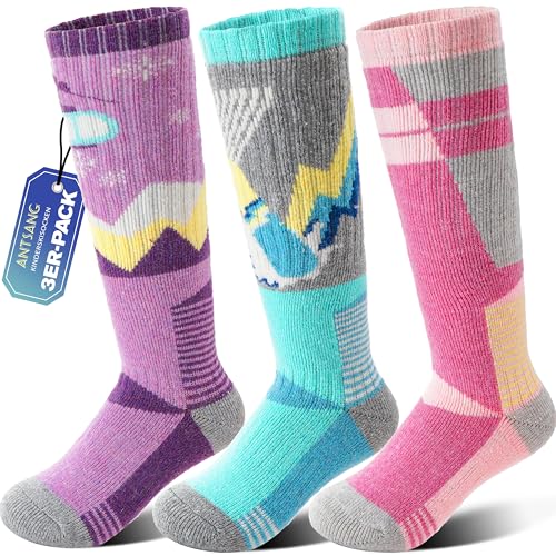 ANTSANG Kinder Merino Woll Skisocken Jungen Mädchen Thermisch Dick Warm Winter Gemütlich Kniehohe Socken zum Skifahren Snowboarden 3 Paar(Lila/Grün/Rosa 29-34)